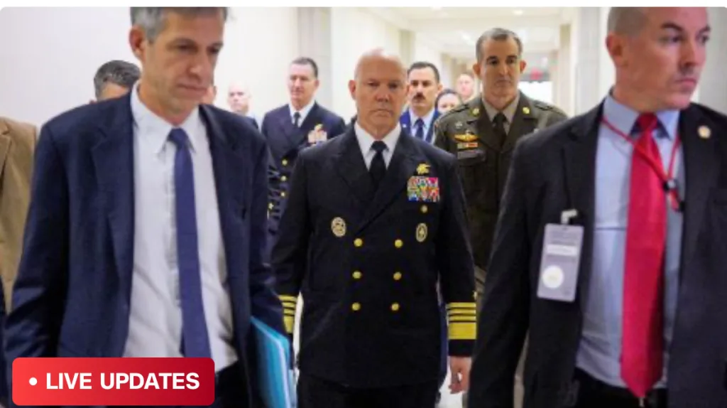 US Admiral Frank Bradley entering a closed door hearing at the US empire's congress regarding the extrajudicial executions in Latin America in recent months. Photo: X/@WynnWs.