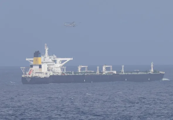 A US military helicopter flying over the seized oil tanker Centuries that Venezuela condemned as an act of piracy. Photo: US Department of Homeland Security/Reuters.