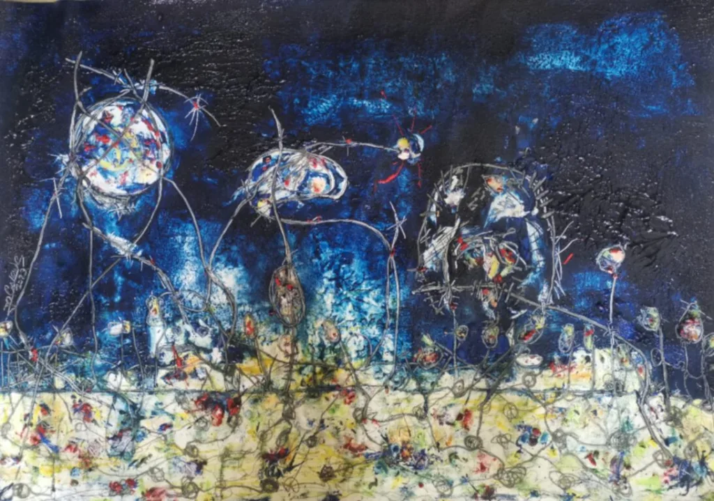 Barbed Wire and Full Moon (Fils barbelés et pleine lune), Oil on Canvas, Jean-Pierre Civade, 2023. Photo: China Beyond the Wall.