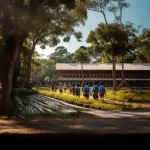 Students walking towards the Baral Bidya Niketan school, a two-story award-winning school building in the Kumargara village of Chatmohor, Pabna, Bangladesh. The design incorporates local techniques suitable for the tropical climate. Photo: Freepix.