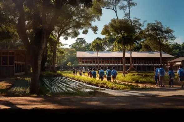 Students walking towards the Baral Bidya Niketan school, a two-story award-winning school building in the Kumargara village of Chatmohor, Pabna, Bangladesh. The design incorporates local techniques suitable for the tropical climate. Photo: Freepix.