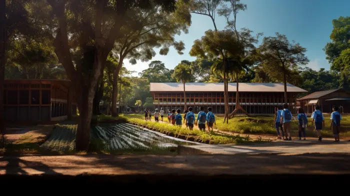 Students walking towards the Baral Bidya Niketan school, a two-story award-winning school building in the Kumargara village of Chatmohor, Pabna, Bangladesh. The design incorporates local techniques suitable for the tropical climate. Photo: Freepix.
