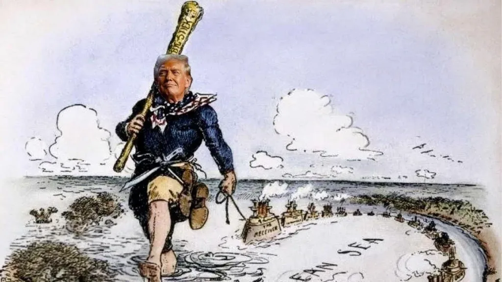Photo composition of a political cartoon that superimposes Donald Trump's face onto a historical caricature of Theodore Roosevelt and the "Big Stick" foreign policy. Photo: YouTube/@@wgowshipping.