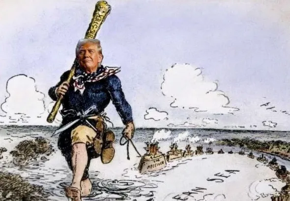 Photo composition of a political cartoon that superimposes Donald Trump's face onto a historical caricature of Theodore Roosevelt and the "Big Stick" foreign policy. Photo: YouTube/@@wgowshipping.