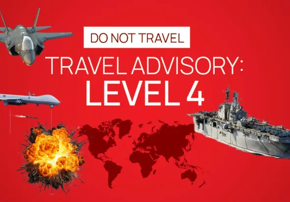 Photo composition displaying a US Department of State travel warning poster, advising against all travel with the highest level of alert, while depicting US military aircraft, an aircraft carrier, and an explosion over a world map. Photo: Roger D. Harris.