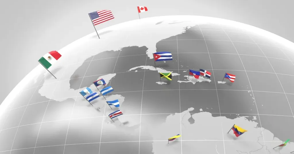 3D illustration of a globe focusing on North and Central America, displaying various national flags such as the United States, Canada, Mexico, Cuba, Jamaica, Haiti, the Dominican Republic, Puerto Rico, Belize, Guatemala, El Salvador, Honduras, Nicaragua, Costa Rica, Panama, and Venezuela. Photo: Alamy.