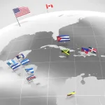 3D illustration of a globe focusing on North and Central America, displaying various national flags such as the United States, Canada, Mexico, Cuba, Jamaica, Haiti, the Dominican Republic, Puerto Rico, Belize, Guatemala, El Salvador, Honduras, Nicaragua, Costa Rica, Panama, and Venezuela. Photo: Alamy.