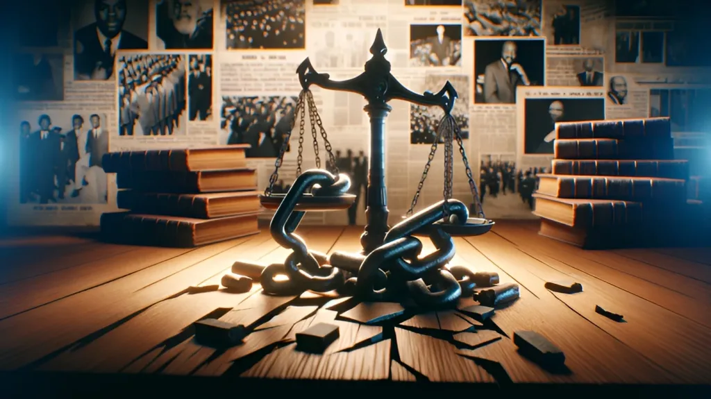 AI-generated image showing a illustration symbolizing themes of disruption, justice, and law. It prominently features a set of scales of justice, broken chains, and law books, set in a dimly lit, somber environment.