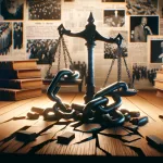 AI-generated image showing a illustration symbolizing themes of disruption, justice, and law. It prominently features a set of scales of justice, broken chains, and law books, set in a dimly lit, somber environment. 
