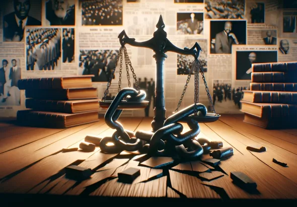 AI-generated image showing a illustration symbolizing themes of disruption, justice, and law. It prominently features a set of scales of justice, broken chains, and law books, set in a dimly lit, somber environment. 