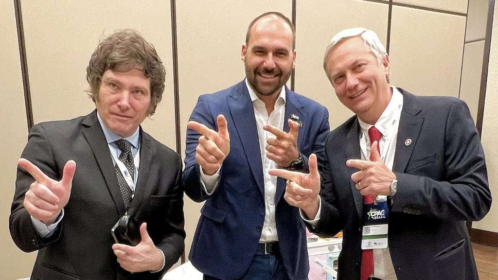 Argentine President Javier Milei, Brazilian legislator Eduardo Bolsonaro, and Chilean far-right presidential candidate José Antonio Kast at CPAC Conference in 2022. Photo: X/@BolsonaroSP.