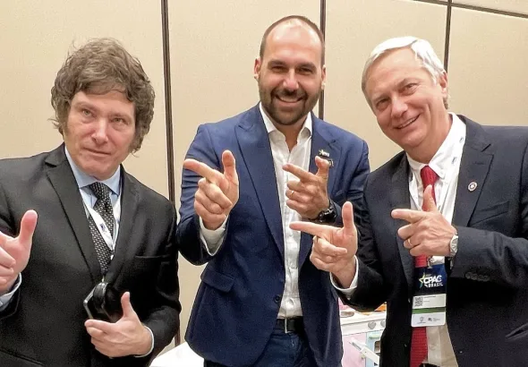 Argentine President Javier Milei, Brazilian legislator Eduardo Bolsonaro, and Chilean far-right presidential candidate José Antonio Kast at CPAC Conference in 2022. Photo: X/@BolsonaroSP.