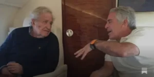 US professor Noam Chomsky pictured on a plane with Jeffrey Epstein. Photo: Epstein Estate/House Oversight/ZUMA Press Wire/Shutterstock.