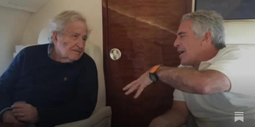 US professor Noam Chomsky pictured on a plane with Jeffrey Epstein. Photo: Epstein Estate/House Oversight/ZUMA Press Wire/Shutterstock.