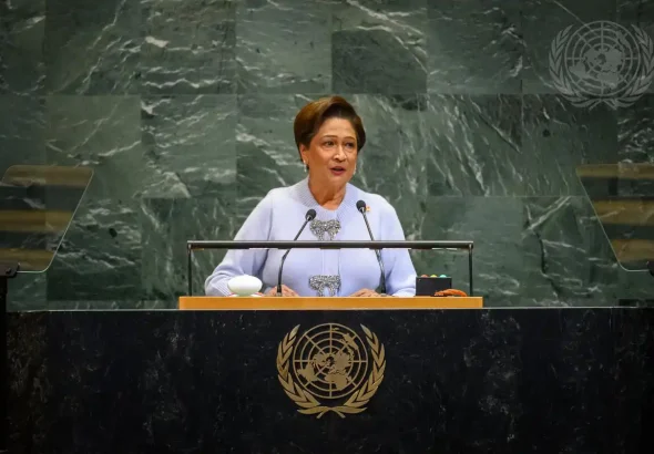 Kamla Persad-Bissessar, Prime Minister of the Republic of Trinidad and Tobago, addresses the general debate of the General Assembly’s 80th session on Sept. 26, 2025. Photo: Loey Felipe/UN Photo.