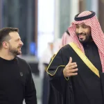 Ukrainian President Volodymyr Zelensky (left) meeting with Saudi Crown Prince Mohammed bin Salman in Riyadh, Saudi Arabia, in February 2024. Photo: Saudi Press Agency/file photo.