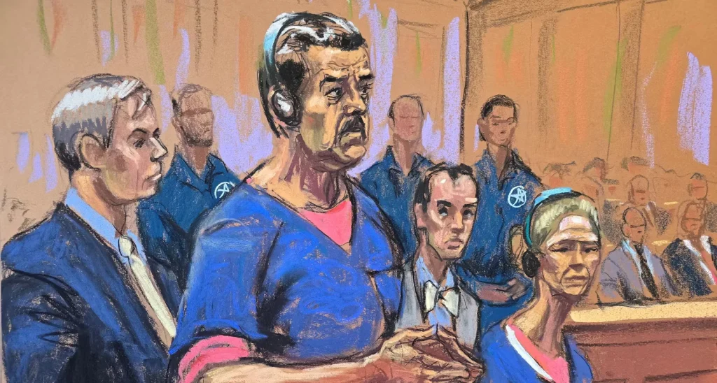 Sketch of Venezuelan President Nicolás Maduro and his wife, Cilia Flores, appearing before a federal court in New York on Jan. 5, 2026. Photo: Jane Rosenberg/Reuters.