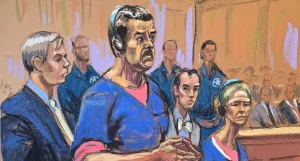 Sketch of Venezuelan President Nicolás Maduro and First Lady Cilia Flores appearing before a US federal court in New York on January 5, 2026. Photo: Jane Rosenberg/Reuters/file photo.