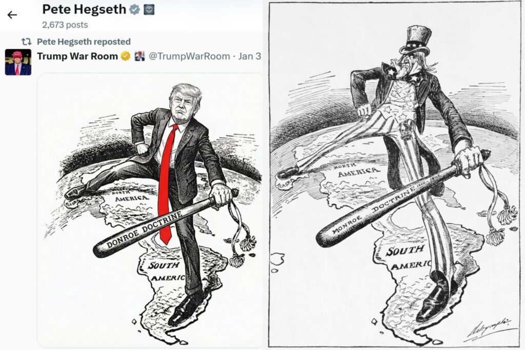 Trump’s ‘Donroe Doctrine’ graphic makes explicit what the ruling class can no longer accomplish through economic means: military domination of Latin America. This isn’t Theodore Roosevelt’s confident imperialism – it’s the violence of an empire that has run out of other options. Photo: Struggle-La Lucha.