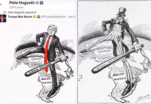 Trump’s ‘Donroe Doctrine’ graphic makes explicit what the ruling class can no longer accomplish through economic means: military domination of Latin America. This isn’t Theodore Roosevelt’s confident imperialism – it’s the violence of an empire that has run out of other options. Photo: Struggle-La Lucha.