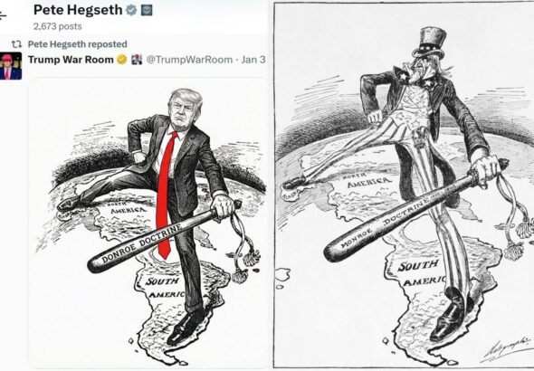 Trump’s ‘Donroe Doctrine’ graphic makes explicit what the ruling class can no longer accomplish through economic means: military domination of Latin America. This isn’t Theodore Roosevelt’s confident imperialism – it’s the violence of an empire that has run out of other options. Photo: Struggle-La Lucha.