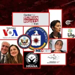 A compilation of images showing: the Center for Human Rights in Iran, VOA Farsi (Voice of America), Central Intelligence Agency (CIA), US State Department, National Endowment for Democracy (NED), HRANA (Human Rights Activists in Iran), Abdorrahman Boroumand Center, members of the former Iranian royal family, Reza Pahlavi and his wife Yasmine Pahlavi, and so-called "human rights activists." Photo: Al Mayadeen.