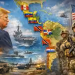 A composite illustration showing US ruler Donald Trump and various US military forces overlooking and encroaching upon a map of Latin America and the Caribbean. Photo: Pia Global.