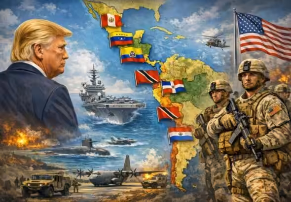 A composite illustration showing US ruler Donald Trump and various US military forces overlooking and encroaching upon a map of Latin America and the Caribbean. Photo: Pia Global.