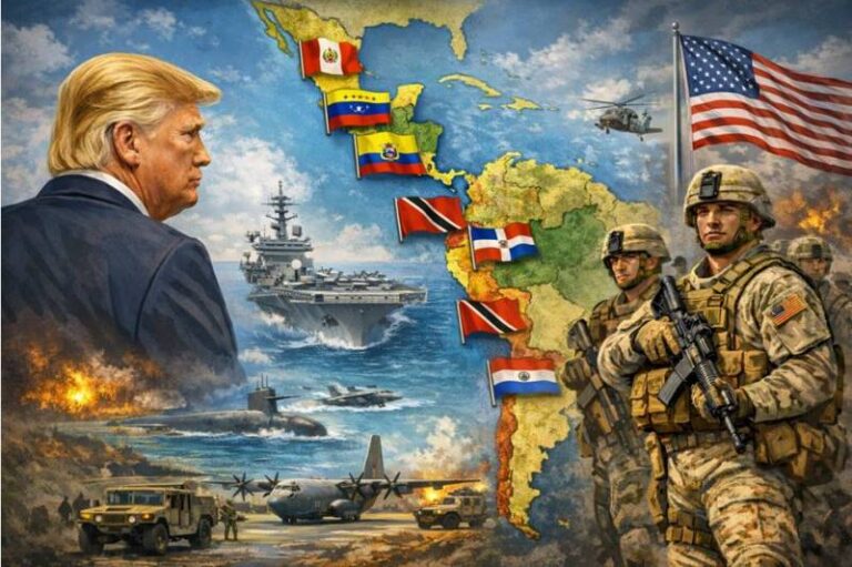 A composite illustration showing US ruler Donald Trump and various US military forces overlooking and encroaching upon a map of Latin America and the Caribbean. Photo: Pia Global.