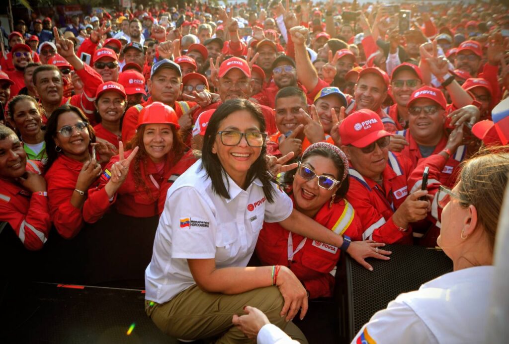 Venezuelan acting President Delcy Rodriguez during a meeting with oil workers in Puerto La Cruz, Anzoategui state, on Sunday, Jan. 25, 2025. Photo: La IguanaTV.