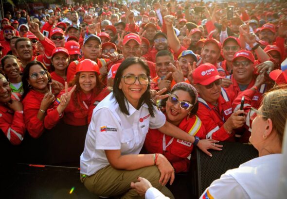 Venezuelan acting President Delcy Rodriguez during a meeting with oil workers in Puerto La Cruz, Anzoategui state, on Sunday, Jan. 25, 2025. Photo: La IguanaTV.