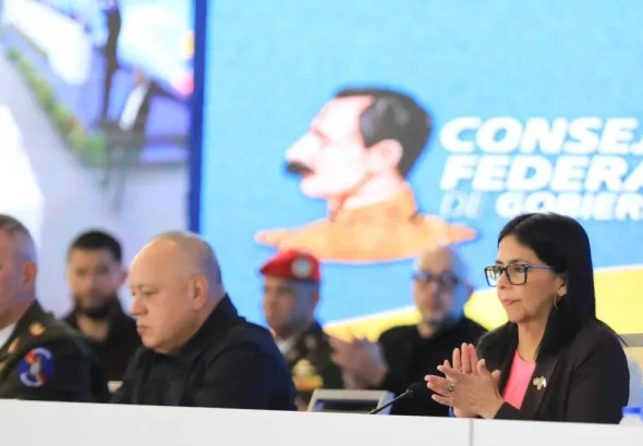 Venezuelan Acting President Delcy Rodríguez (right) next to Interior Minister Diosdado Cabello (center) and Defense Minister Vladimir Padrino (left), during a Federal Council of Government session in Caracas on Wednesday, January 21, 2026. Photo: Venezuelan Presidential Press.