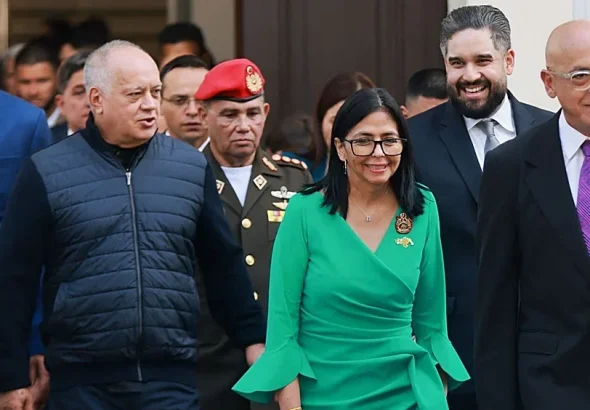 Venezuelan Acting President Delcy Rodríguez along with ministers Vladimir Padrino López and Diosdado Cabello and the president of the National Assembly Jorge Rodriguez after being sworn in on Monday, January 5. Behind them, smiling, is President Maduro's son, Nicolas Maduro Guerra. Photo: AFP.