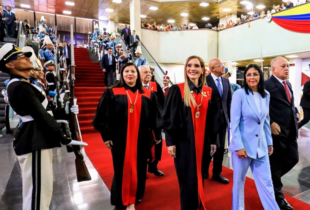 Venezuelan Acting President Delcy Rodríguez, next to the Supreme Court president, Justice Caryslia Rodríguez, and Interior Minister Diosdado Cabello during a judicial ceremony in Caracas on Friday, January 30, 2026. Photo: Venezuelan Presidential Press.