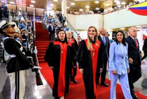 Venezuelan Acting President Delcy Rodríguez, next to the Supreme Court president, Justice Caryslia Rodríguez, and Interior Minister Diosdado Cabello during a judicial ceremony in Caracas on Friday, January 30, 2026. Photo: Venezuelan Presidential Press.