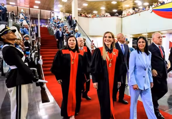 Venezuelan Acting President Delcy Rodríguez, next to the Supreme Court president, Justice Caryslia Rodríguez, and Interior Minister Diosdado Cabello during a judicial ceremony in Caracas on Friday, January 30, 2026. Photo: Venezuelan Presidential Press.
