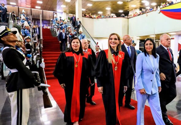 Venezuelan Acting President Delcy Rodríguez, next to the Supreme Court president, Justice Caryslia Rodríguez, and Interior Minister Diosdado Cabello during a judicial ceremony in Caracas on Friday, January 30, 2026. Photo: Venezuelan Presidential Press.
