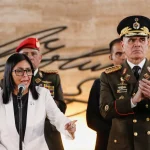 Venezuelan Acting President Delcy Rodríguez next to Defense Minister Vladimir Padrino during a ceremony to honor the fallen soldiers killed by US imperialism, in Caracas, Venezuela, January 8, 2026. Photo: Leonardo Fernandez Viloria/Reuters.