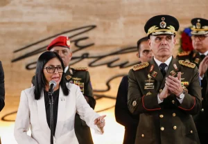 Venezuelan Acting President Delcy Rodríguez next to Defense Minister Vladimir Padrino during a ceremony to honor the fallen soldiers killed by US imperialism, in Caracas, Venezuela, January 8, 2026. Photo: Leonardo Fernandez Viloria/Reuters.