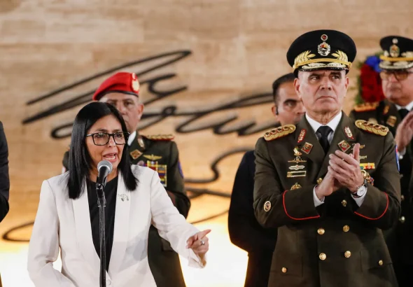 Venezuelan Acting President Delcy Rodríguez next to Defense Minister Vladimir Padrino during a ceremony to honor the fallen soldiers killed by US imperialism, in Caracas, Venezuela, January 8, 2026. Photo: Leonardo Fernandez Viloria/Reuters.