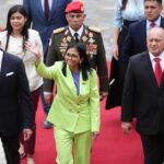 Venezuelan Acting President Delcy Rodríguez enters the National Assembly, escorted by its President Jorge Rodríguez and Interior Minister Diosdado Cabello, to deliver the annual message to the nation on Thursday, January 15, 2026. Photo: Ronald Peña R./EFE.