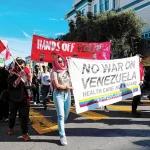 Marchers protest during the San Francisco Fight Trump's War on Venezuela in the Mission district of San Francisco on Saturday, January 10, 2026. Photo: Yalonda M James/San Francisco Chronicle via AP.