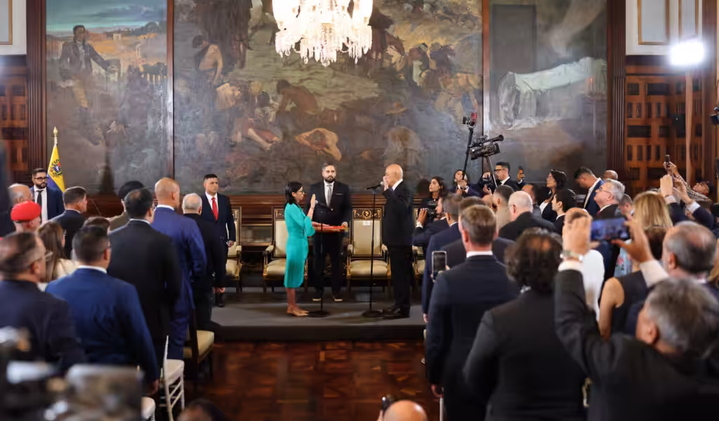 Venezuelan acting President Delcy Rodríguez being sworn in by National Assembly President Jorge Rodríguez in Caracas on Monday, Jan. 5, 2025. Photo: Venezuelan Presidential Press.