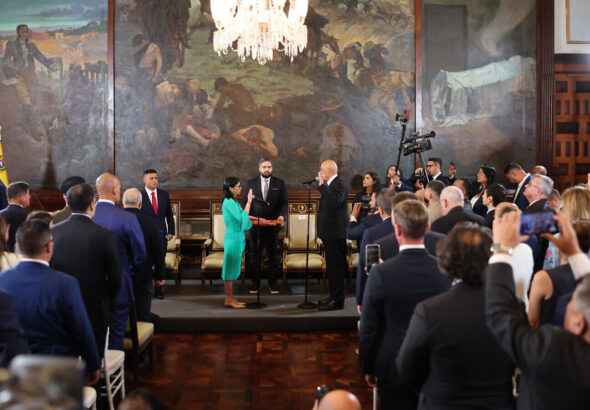 Venezuelan acting President Delcy Rodríguez being sworn in by National Assembly President Jorge Rodríguez in Caracas on Monday, Jan. 5, 2025. Photo: Venezuelan Presidential Press.