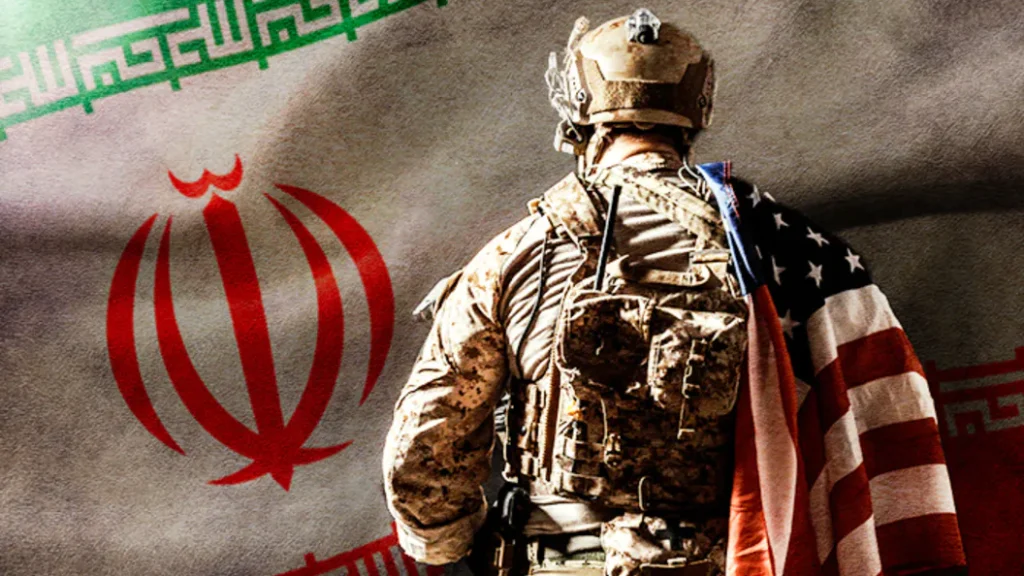 An armed soldier with a US flag on his back faces the flag of the Islamic Republic of Iran. lllustration: NEO.