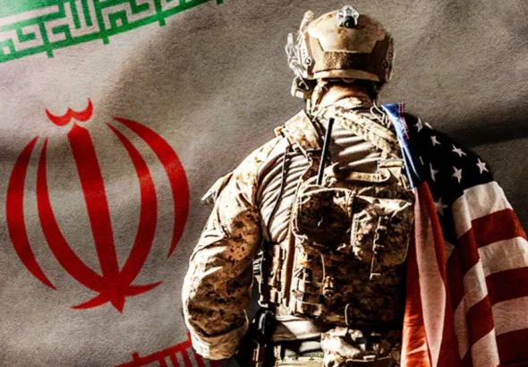 An armed soldier with a US flag on his back faces the flag of the Islamic Republic of Iran. lllustration: NEO.