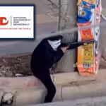 Logo of the National Endowment for Democracy (NED) superimposed over a photo of an Iranian anti-government militant firing on police. Photo: The Grayzone.