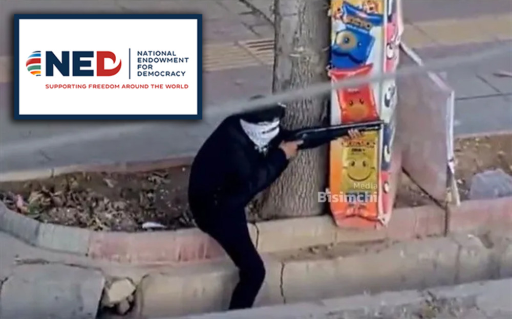 Logo of the National Endowment for Democracy (NED) superimposed over a photo of an Iranian anti-government militant firing on police. Photo: The Grayzone.