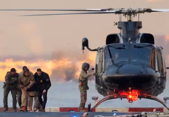 Moment when kidnapped Venezuelan President Nicolas Maduro lands in New York after US attacks against Venezuela on Jan. 3, 2026. Photo: Adam Gray/Reuters. 