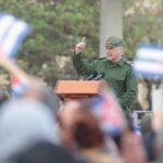 Cuban President Miguel Díaz-Canel speaks at the tribute ceremony for the 32 Cuban combatants killed in the January 3 US military attack on Venezuela, held at the Anti-Imperialist Tribune in Havana on January 16, 2025. Photo: Presidency of Cuba.